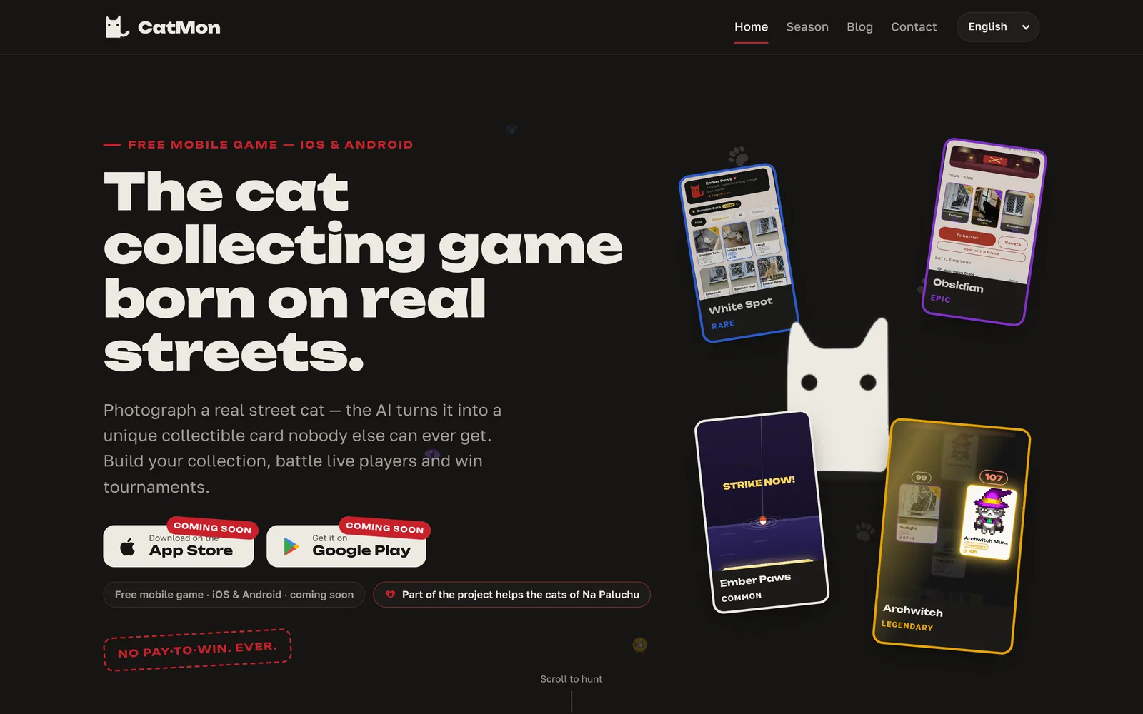 CatMon — Gra o kolekcjonowaniu prawdziwych ulicznych kotów: zrzut ekranu strony catmongame.app